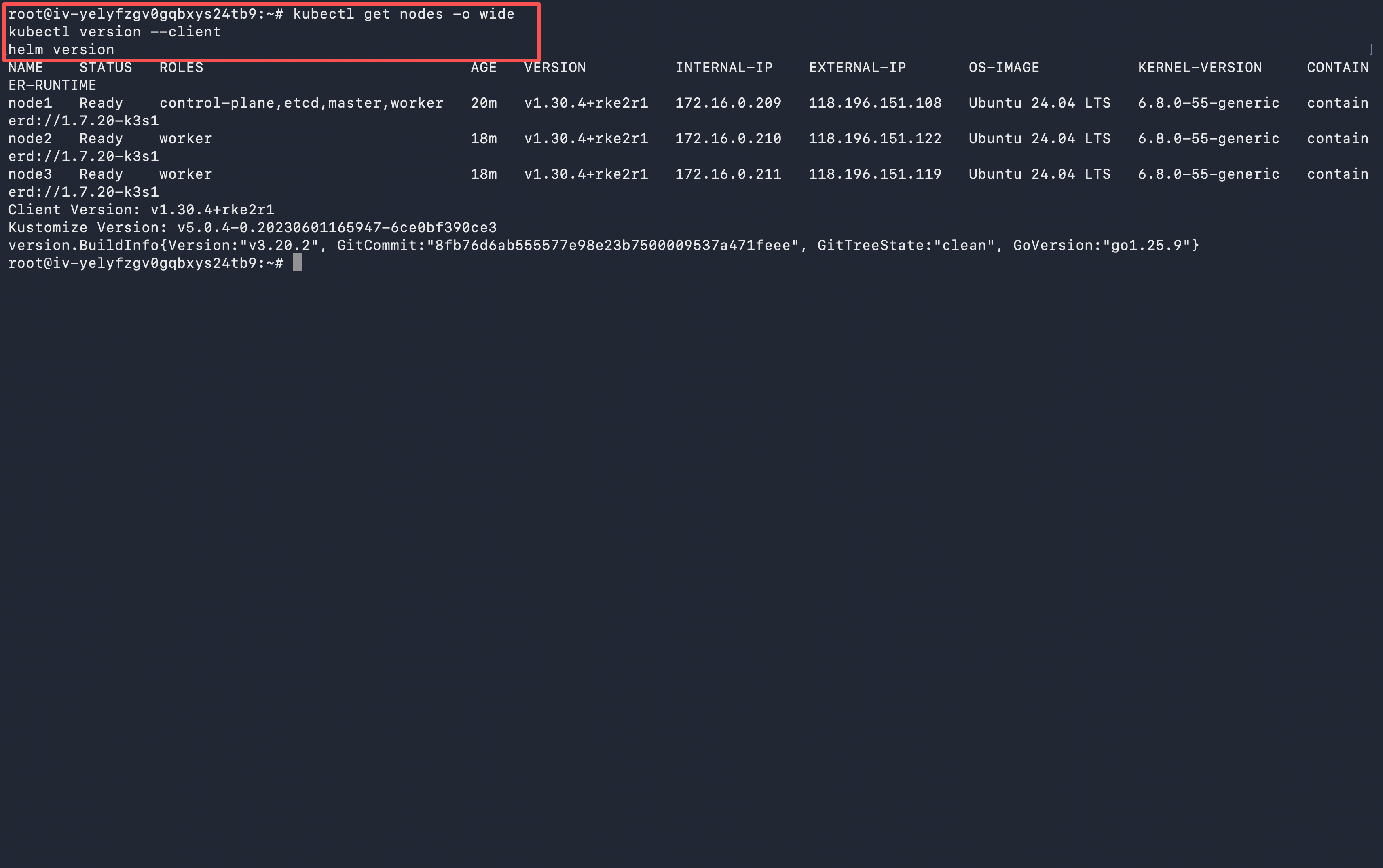 检查 Kubernetes 集群节点、kubectl 和 Helm 版本的终端截图